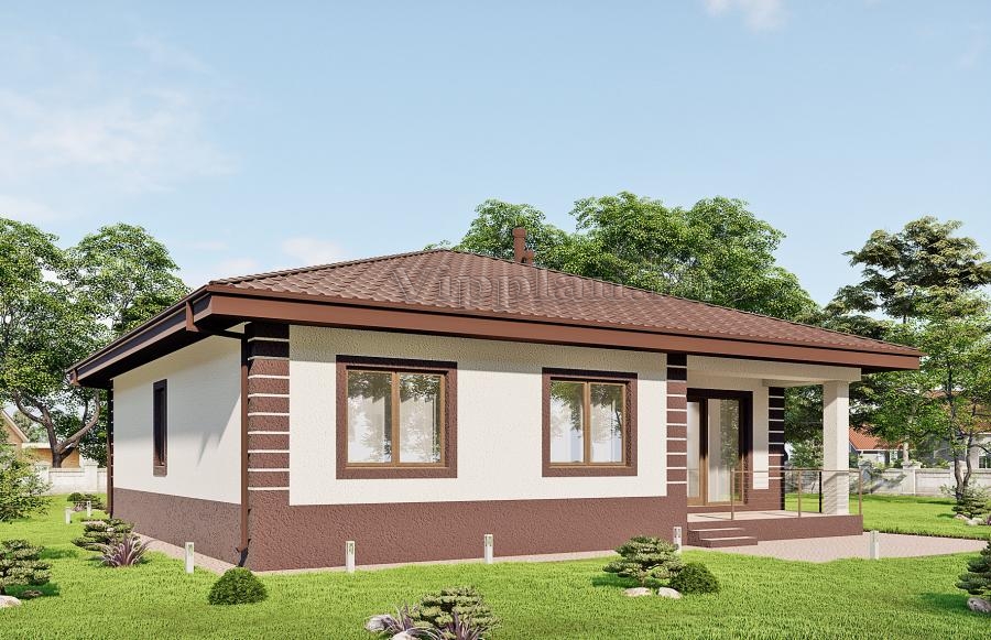 Одноэтажный дом с большой гостиной и террасой.